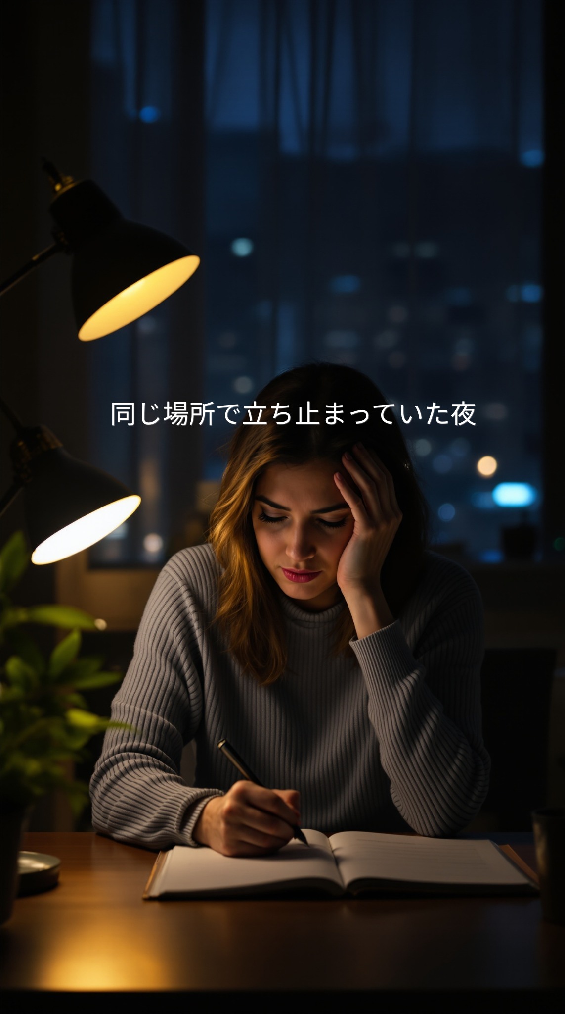 ノートを開いて悩む女性