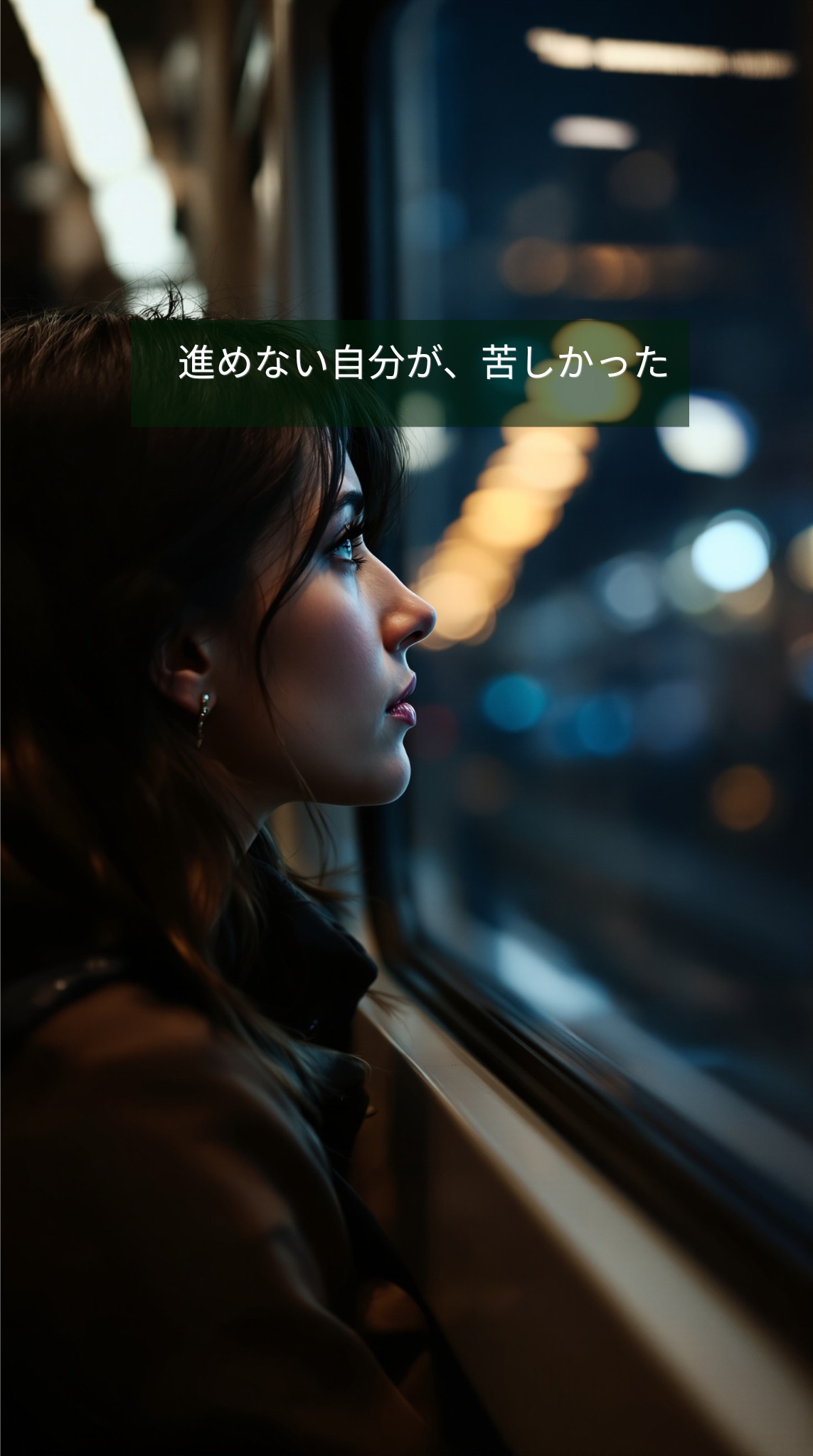 電車で気づきの瞬間を迎える女性