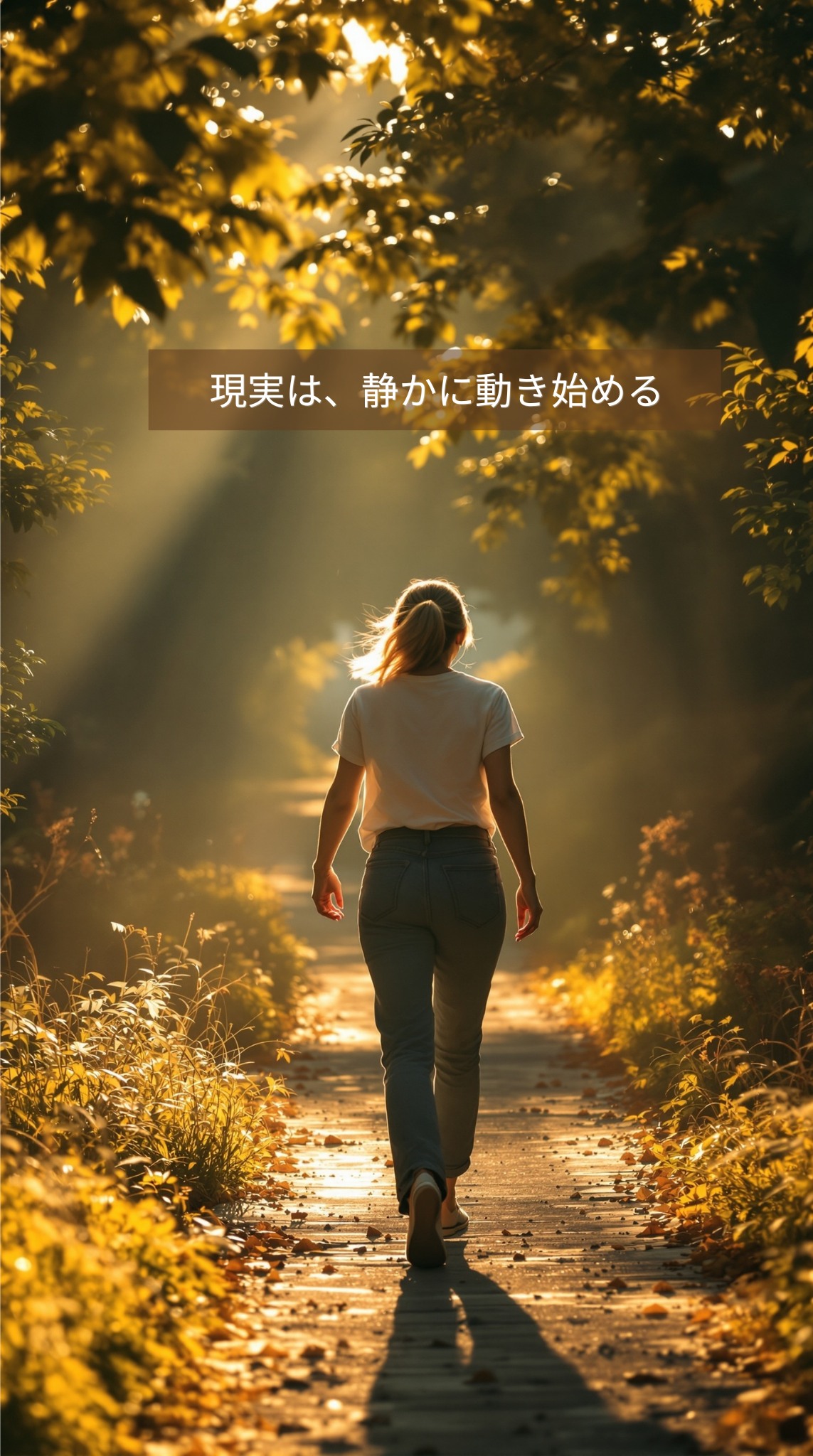 光の道を静かに歩く女性